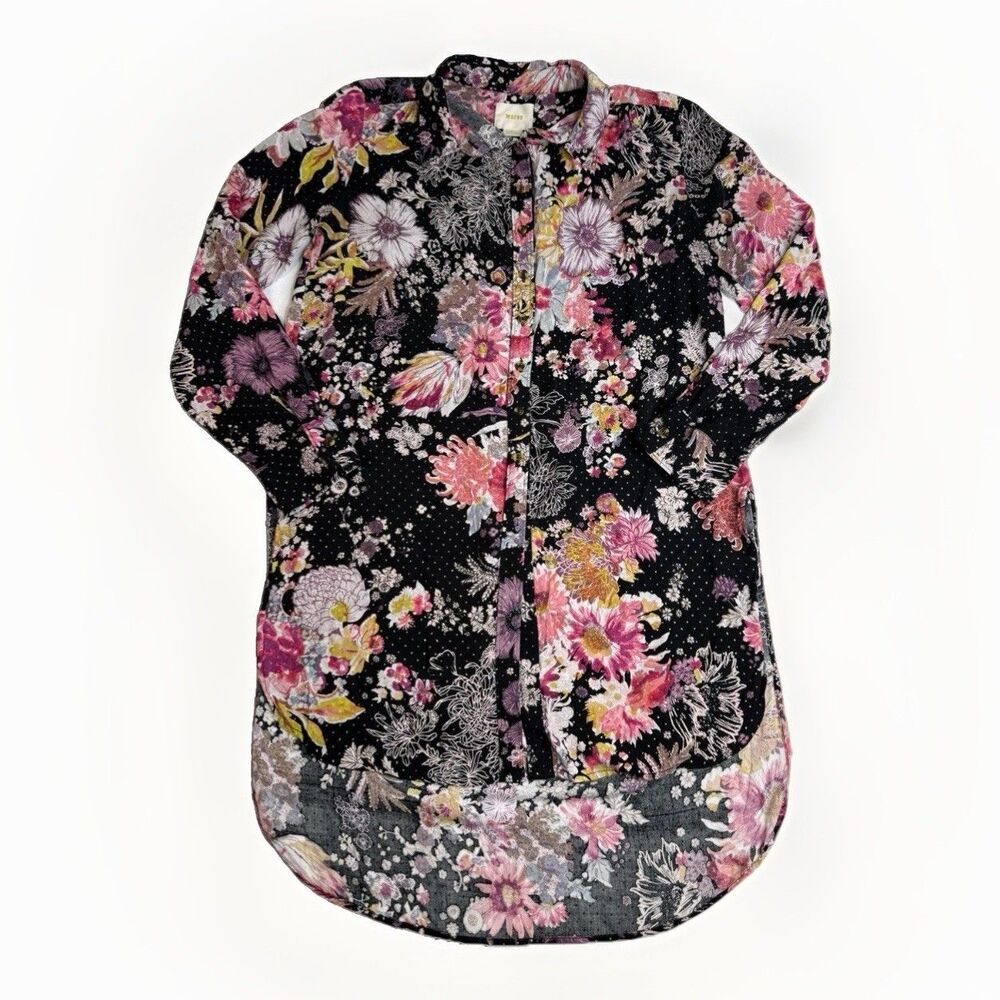 Anthropologie Maeve Autumnal Tunic Blouse XS Black Floral Metallic Dot Shirt